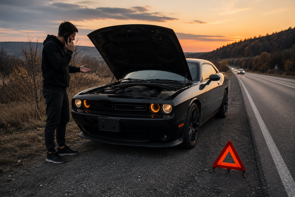 Чорний Dodge зламався на вулиці біля знаку