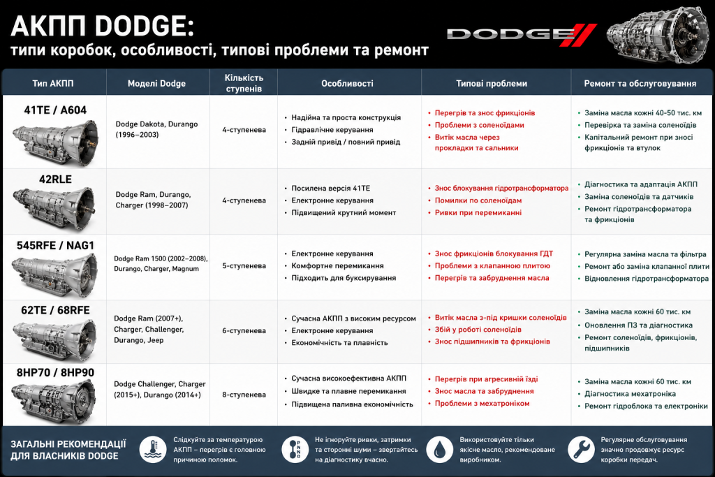 Інфографіка з таблицею типів автоматичних коробок передач Dodge: 41TE, 42RLE, 545RFE, 62TE, 8HP70 — із зазначенням моделей, кількості ступенів, типових несправностей та рекомендацій щодо обслуговування