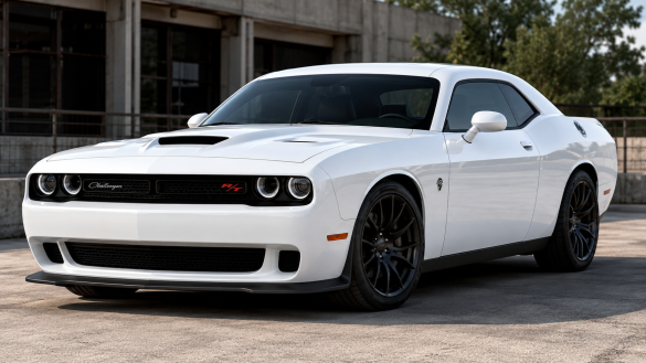 Білий Dodge Challenger R/T з чорними колесами стоїть на парковці біля будівлі на тлі дерев