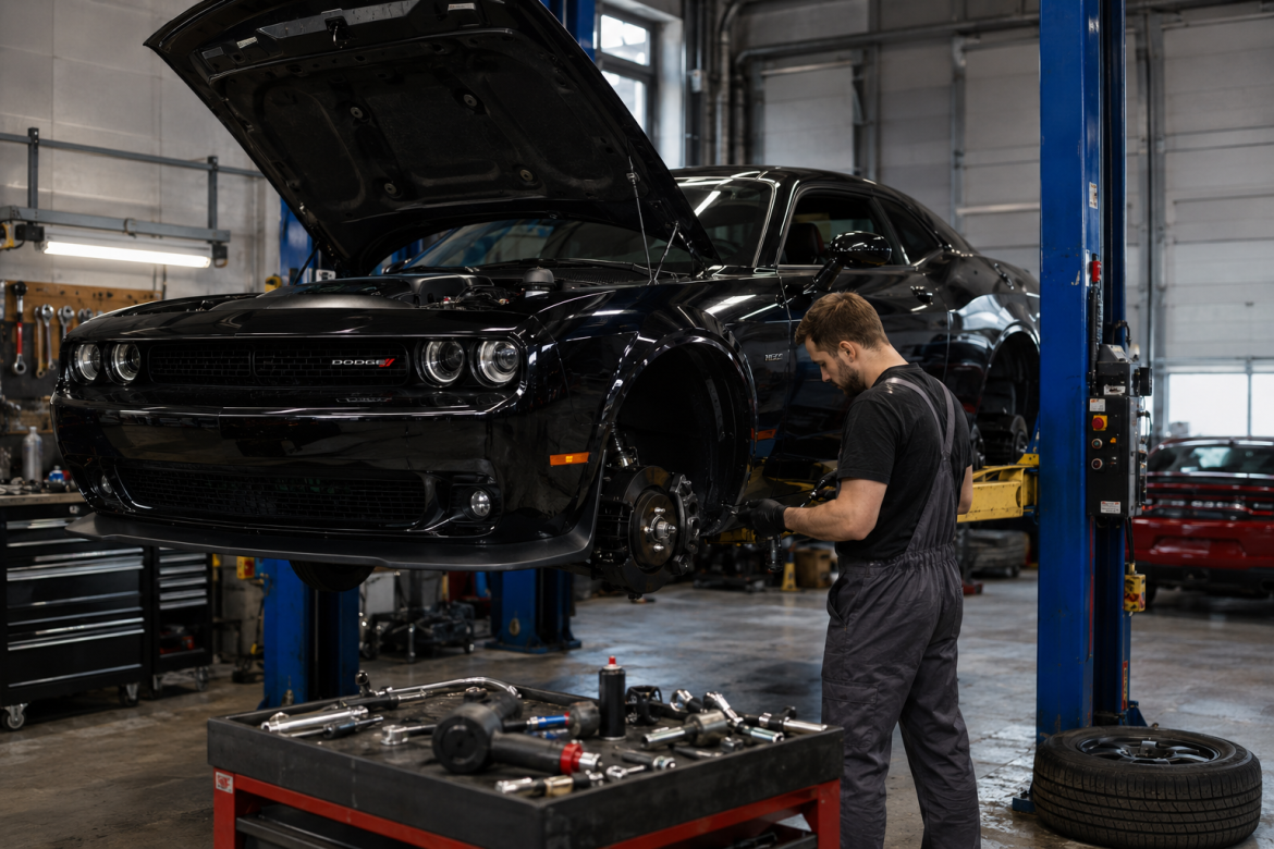 Механік у комбінезоні виконує ремонт гальмівної системи чорного Dodge Challenger, піднятого на підйомнику в автосервісі