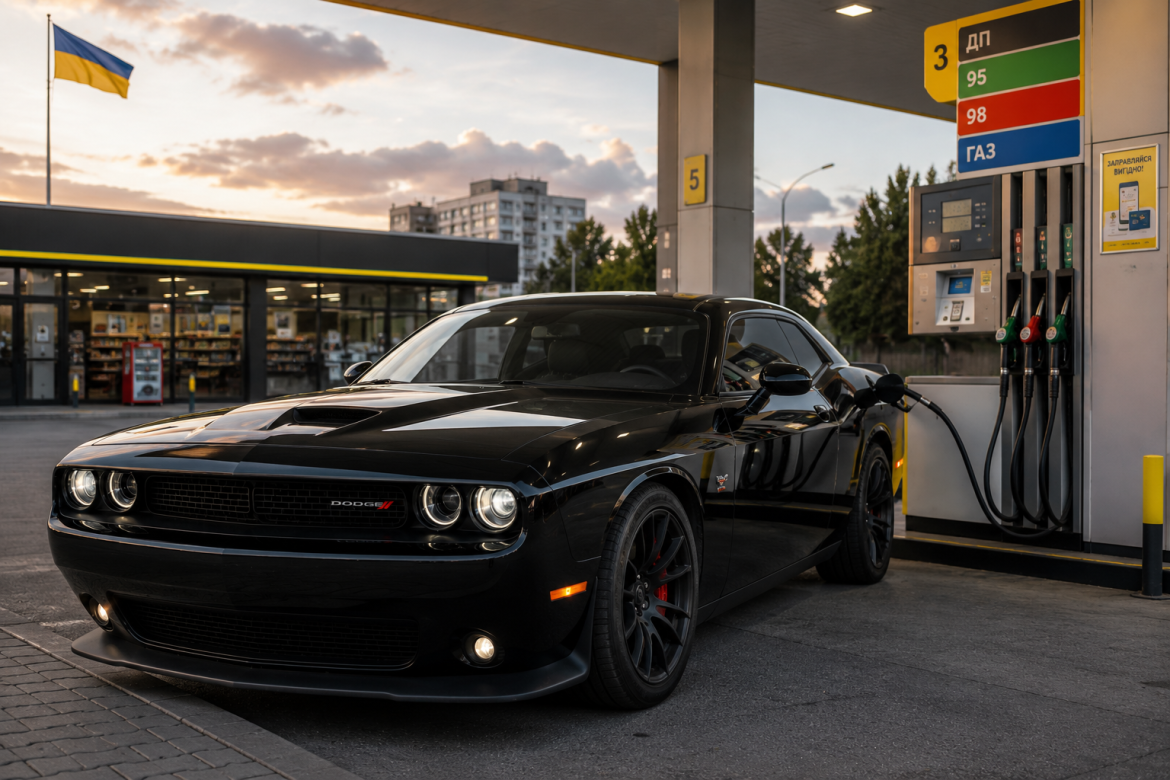 Чорний Dodge Challenger заправляється на українській АЗС на тлі прапора України та вечірнього неба