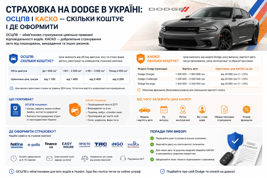 Інфографіка про страхування Dodge в Україні: таблиця цін на ОСЦПВ залежно від об'єму двигуна, орієнтовна вартість КАСКО для Charger, Challenger та Durango, перелік страхових компаній та поради при виборі поліса