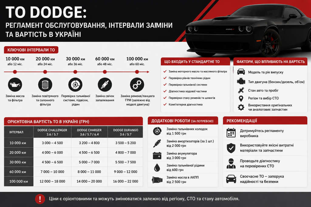 Інфографіка з регламентом технічного обслуговування Dodge — інтервали ТО, перелік робіт, орієнтовна вартість для Challenger, Charger та Durango в Україні