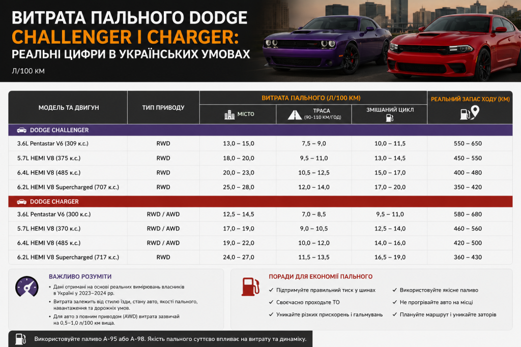 Порівняльна таблиця витрати пального Dodge Challenger та Dodge Charger з різними двигунами — показники в місті, на трасі та в змішаному циклі в українських умовах
