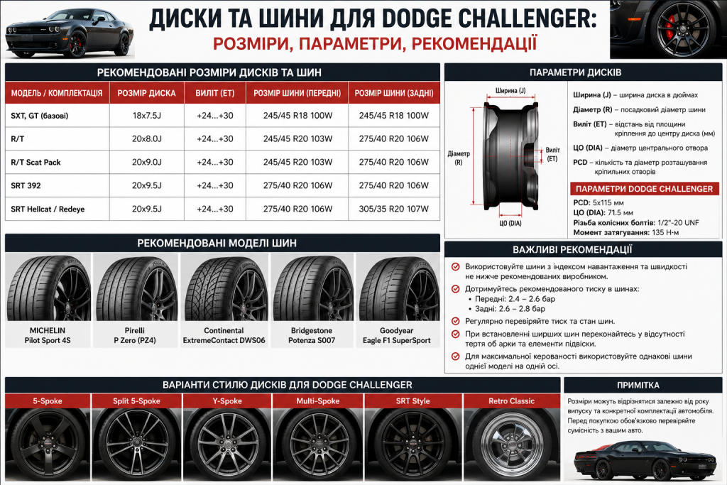 Інфографіка з рекомендованими розмірами дисків і шин для Dodge Challenger та технічними параметрами.