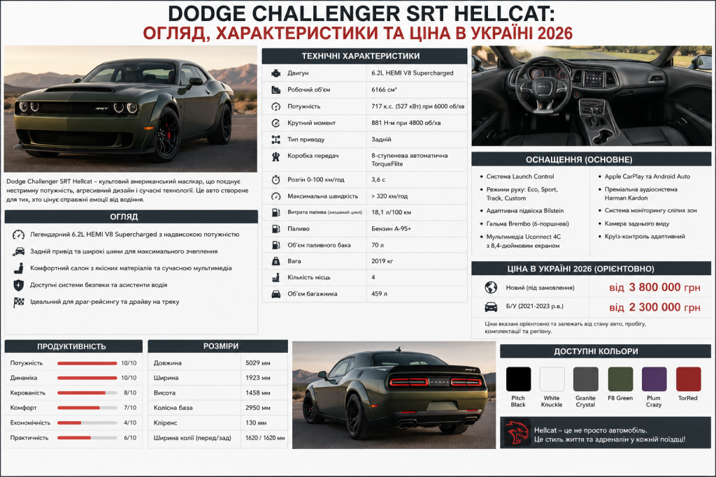 Інфографіка про Dodge Challenger SRT Hellcat з технічними характеристиками, оснащенням та орієнтовною ціною.