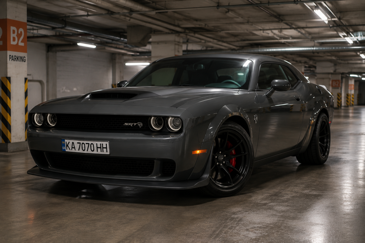 Спортивний автомобіль Dodge Challenger SRT Hellcat, припаркований у підземному паркінгу.