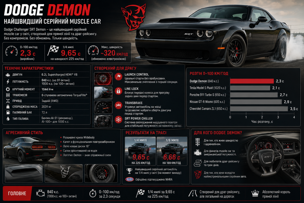 Інфографіка про Dodge Challenger SRT Demon із технічними характеристиками, потужністю двигуна HEMI V8, динамікою розгону, максимальною швидкістю та особливостями легендарного американського muscle car.