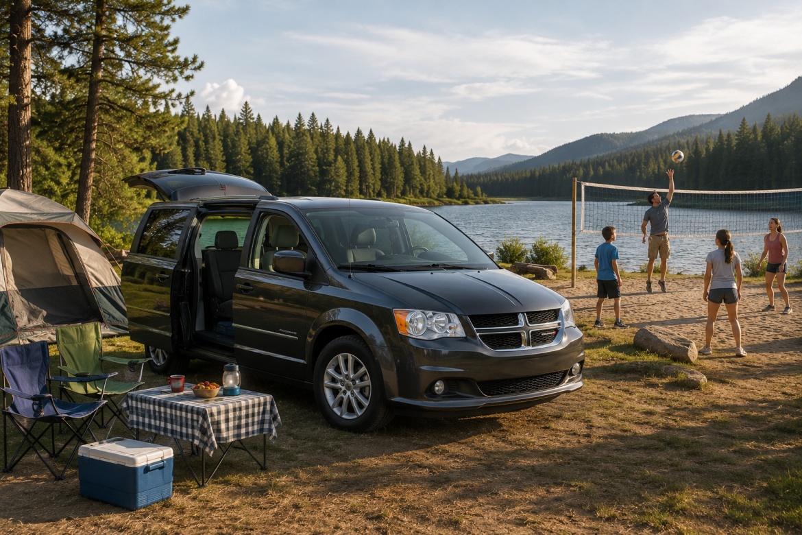 Мінівен Dodge Grand Caravan біля озера поруч із наметом, де сім'я відпочиває та грає у волейбол