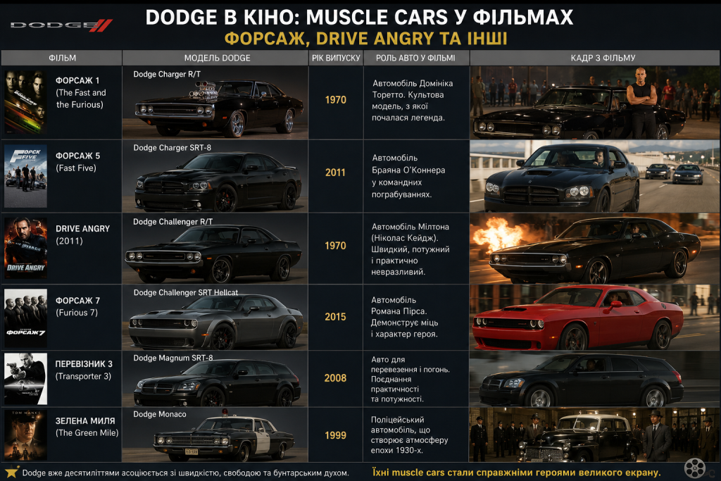 Інфографіка про автомобілі Dodge, які використовувалися у фільмах «Форсаж», Drive Angry та інших.