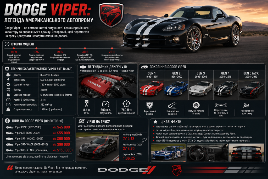 Інфографіка про Dodge Viper з історією моделі, технічними характеристиками, поколіннями автомобіля, двигуном V10, цікавими фактами та рекордами.