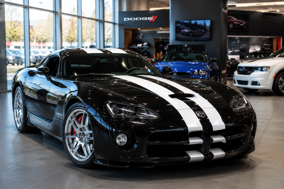 Чорний Dodge Viper SRT із білими гоночними смугами представлений у сучасному автосалоні. Легендарний американський спортивний автомобіль крупним планом.