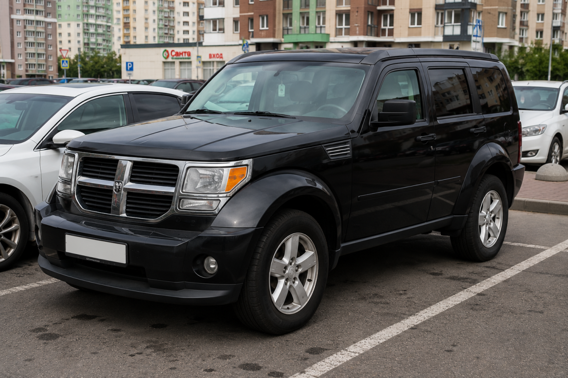 Чорний позашляховик Dodge Nitro припаркований на стоянці біля багатоповерхівок