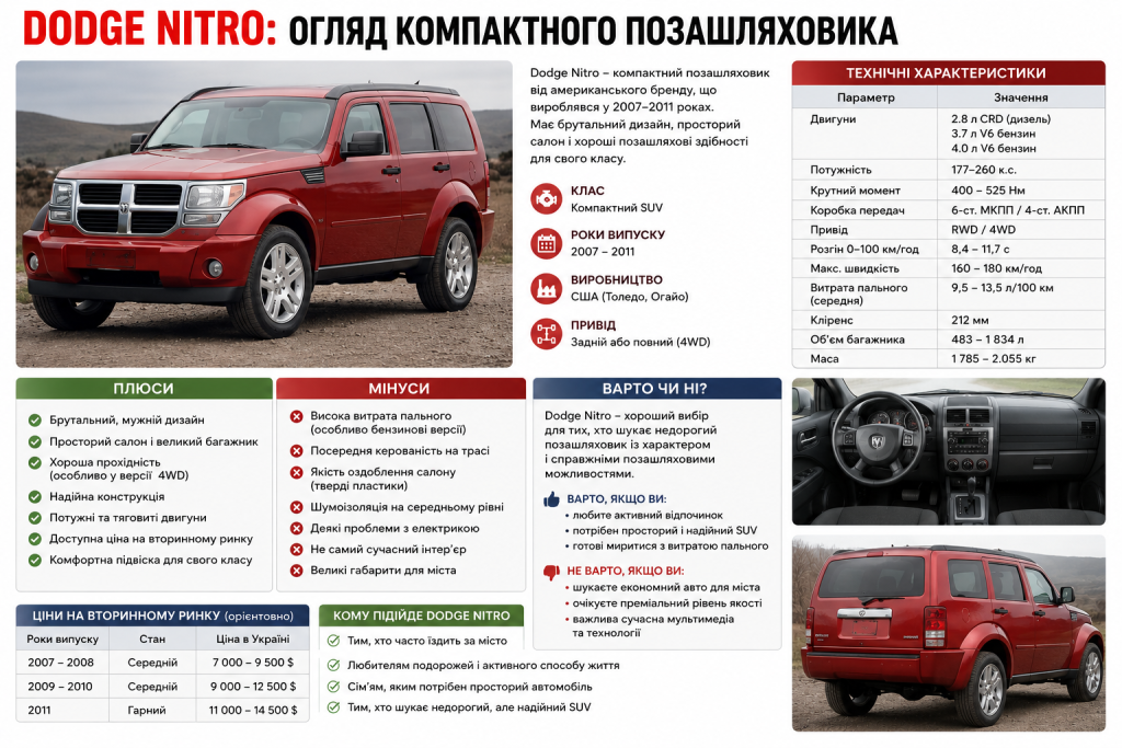 Інфографіка з оглядом Dodge Nitro — технічні характеристики, переваги та недоліки позашляховика