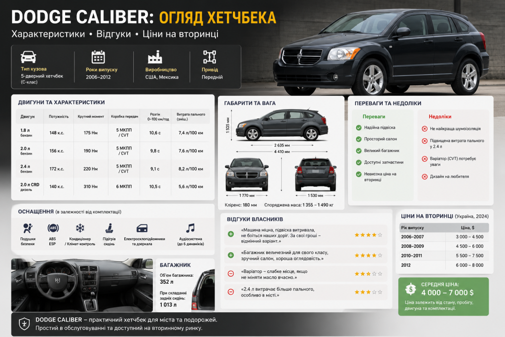 Інфографіка з оглядом Dodge Caliber — технічні характеристики, переваги, недоліки та ціни на вторинному ринку