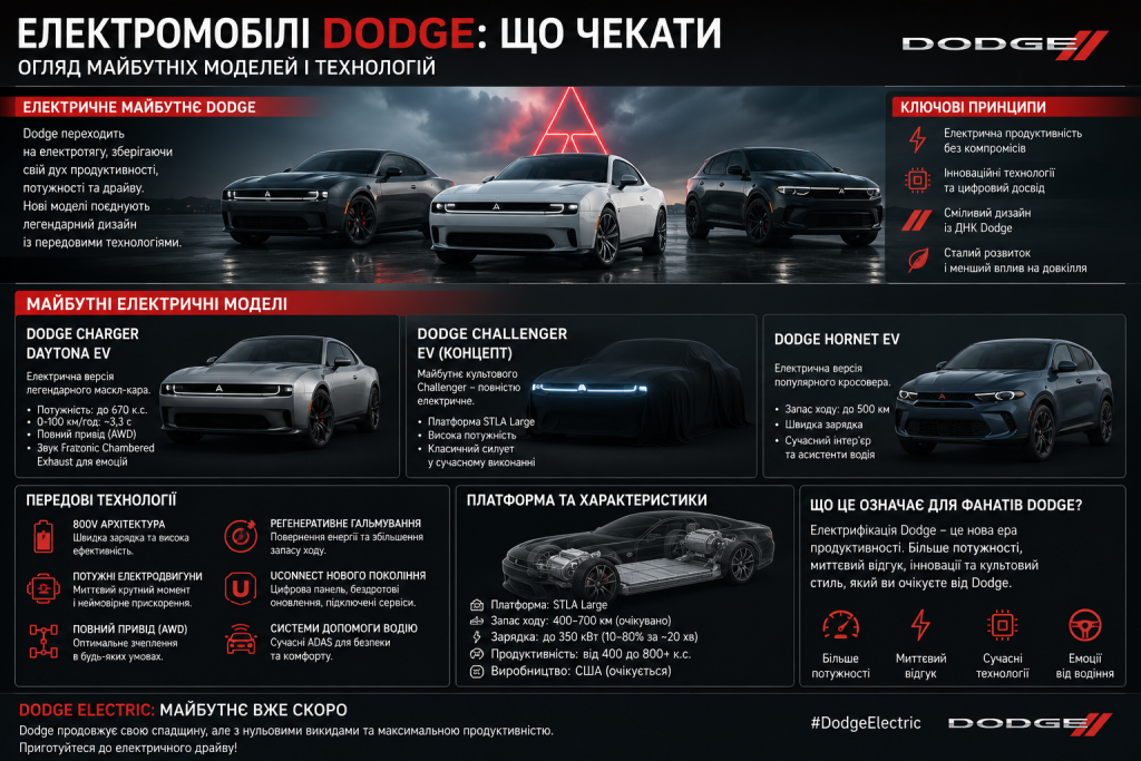 Інфографіка про майбутні електричні моделі Dodge та їхні технології