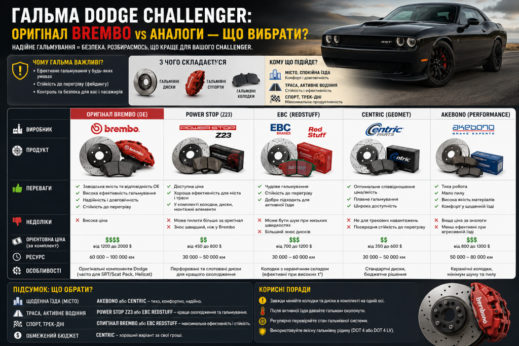Інфографіка з порівнянням оригінальних гальм Brembo та популярних аналогів для Dodge Challenger. Огляд характеристик, переваг, недоліків і рекомендацій щодо вибору.