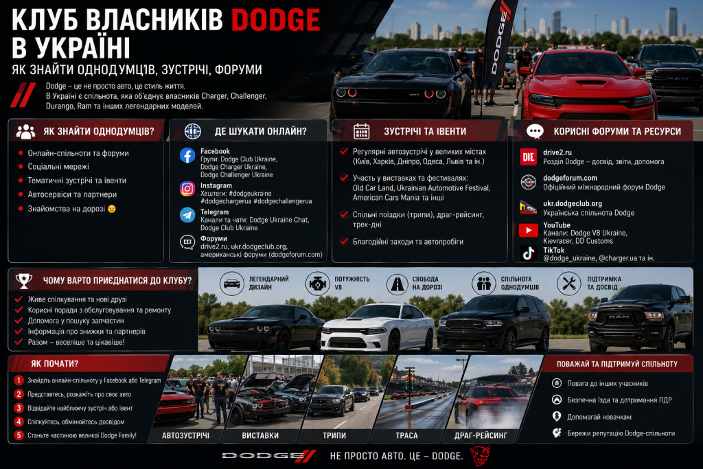 Інфографіка про клуб власників Dodge в Україні з інформацією про спільноти, форуми, автомобільні зустрічі, заходи, соціальні мережі та поради для учасників.