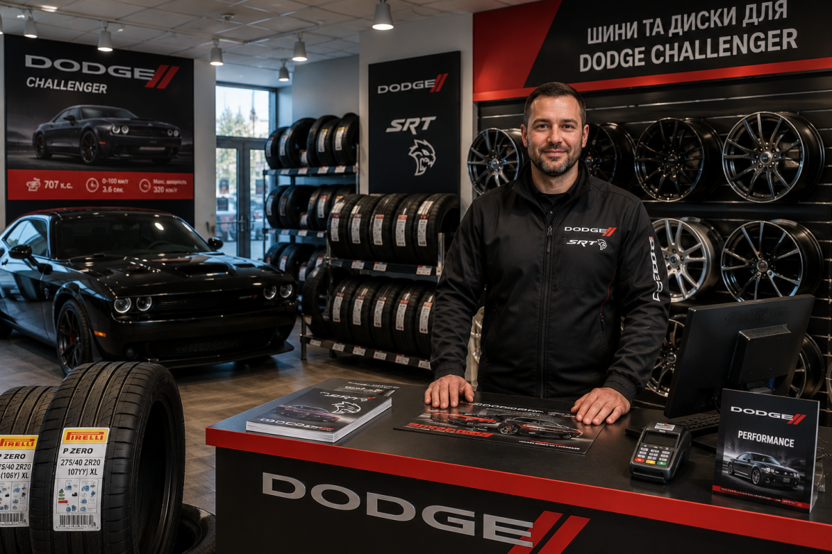 Продавець у магазині шин і дисків для Dodge Challenger стоїть за прилавком поруч із автомобілем та асортиментом коліс.