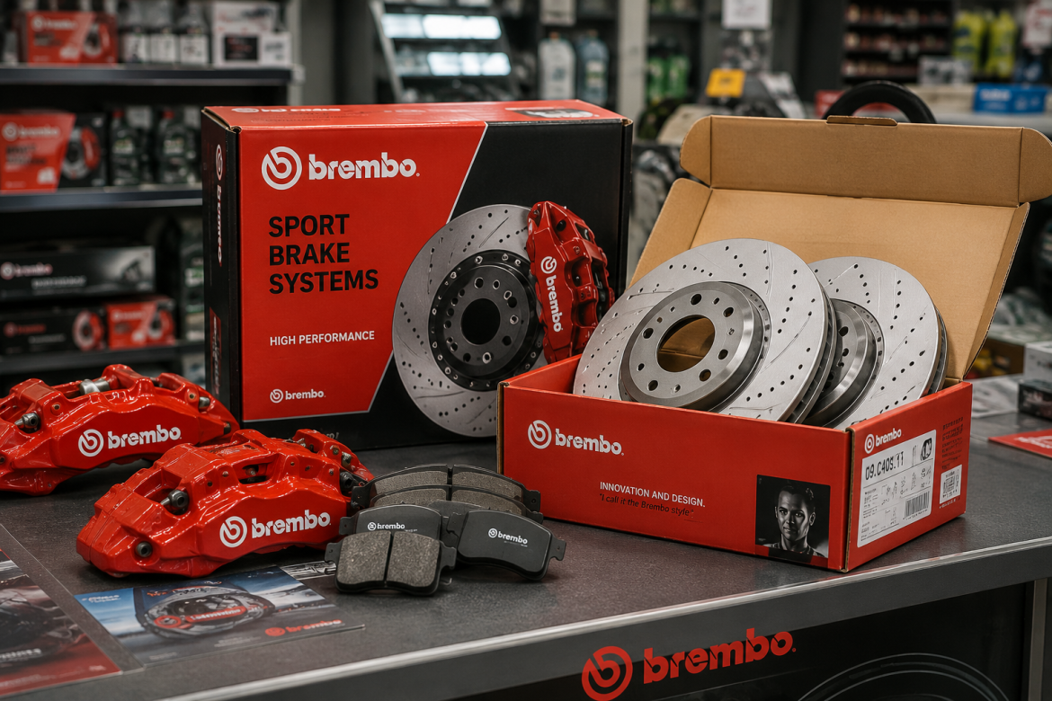 Комплект спортивних гальм Brembo з гальмівними дисками, супортами та колодками на вітрині магазину автозапчастин. Фото ілюструє оригінальні комплектуючі для Dodge Challenger.