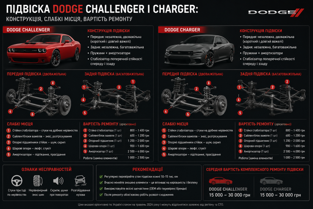Інфографіка про конструкцію підвіски Dodge Challenger і Charger, слабкі місця та ціни ремонту
