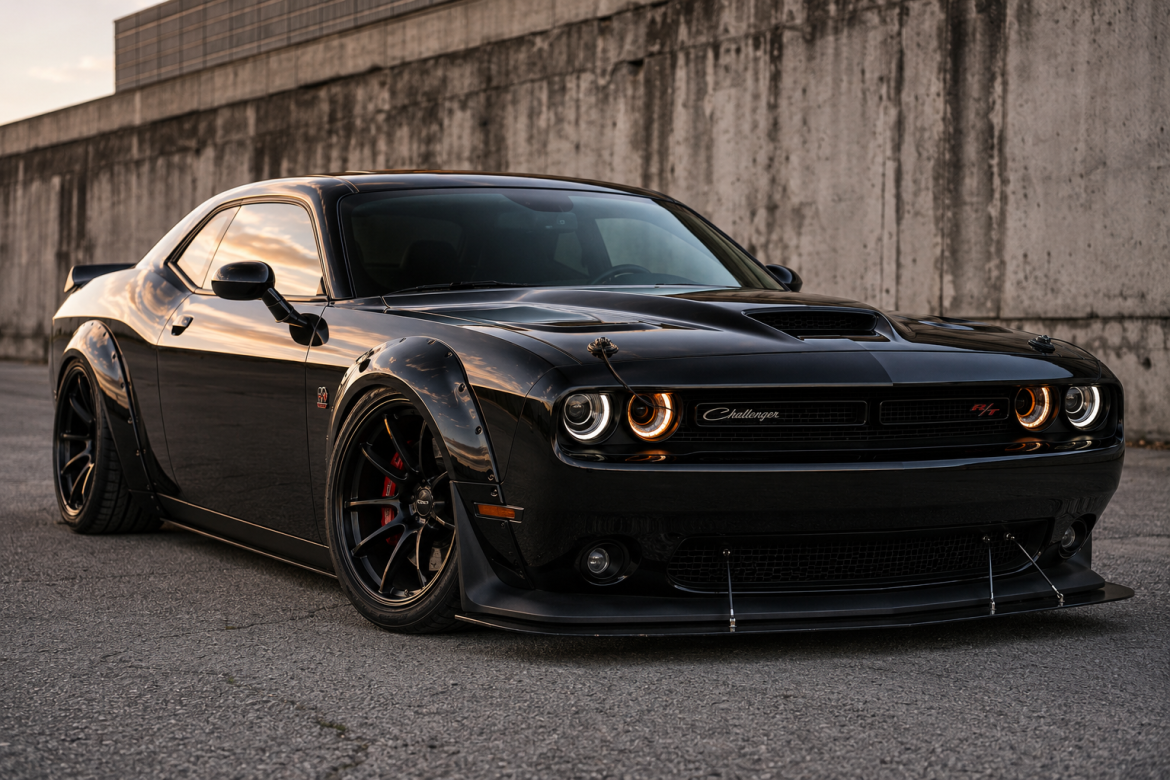 Чорний Dodge Challenger R/T зі спортивними дисками та обвісом на фоні бетонної стіни