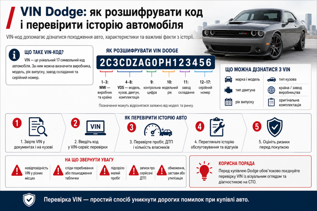 Інфографіка про розшифрування VIN-коду Dodge, структуру коду та перевірку історії автомобіля