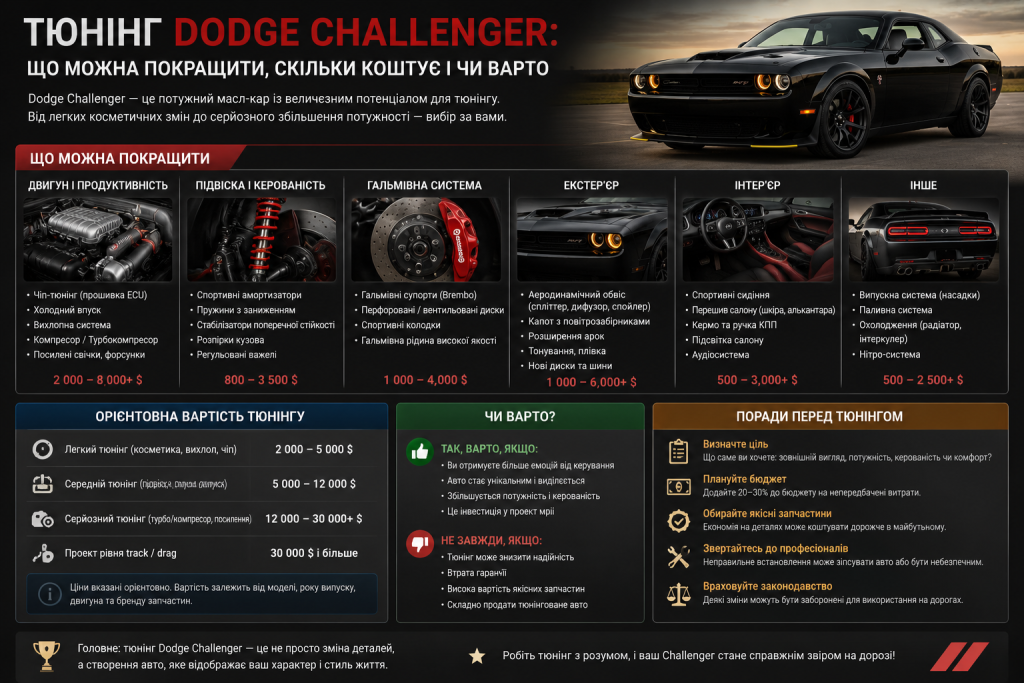 Інфографіка про варіанти тюнінгу Dodge Challenger, орієнтовну вартість робіт та поради перед тюнінгом