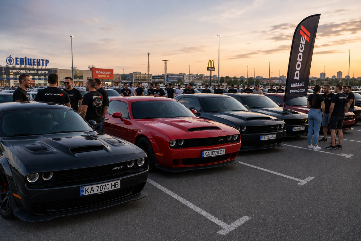 Власники автомобілів Dodge зібралися на клубній зустрічі біля торговельного центру. На парковці представлені Dodge Challenger та інші моделі американського бренду.