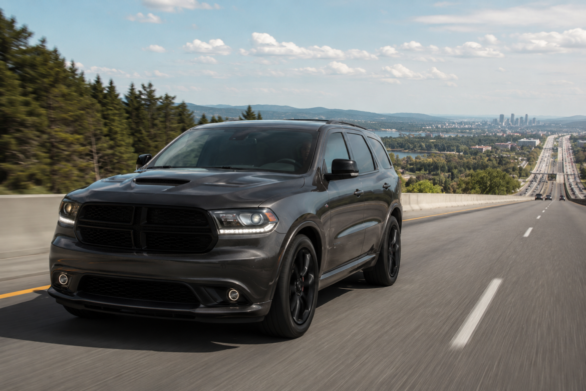 Темний позашляховик Dodge Durango рухається швидкісною автомагістраллю на тлі міста та зелених пагорбів