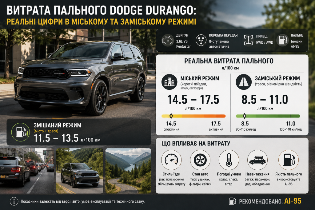 Інфографіка про реальну витрату пального Dodge Durango в міському, заміському та змішаному режимах