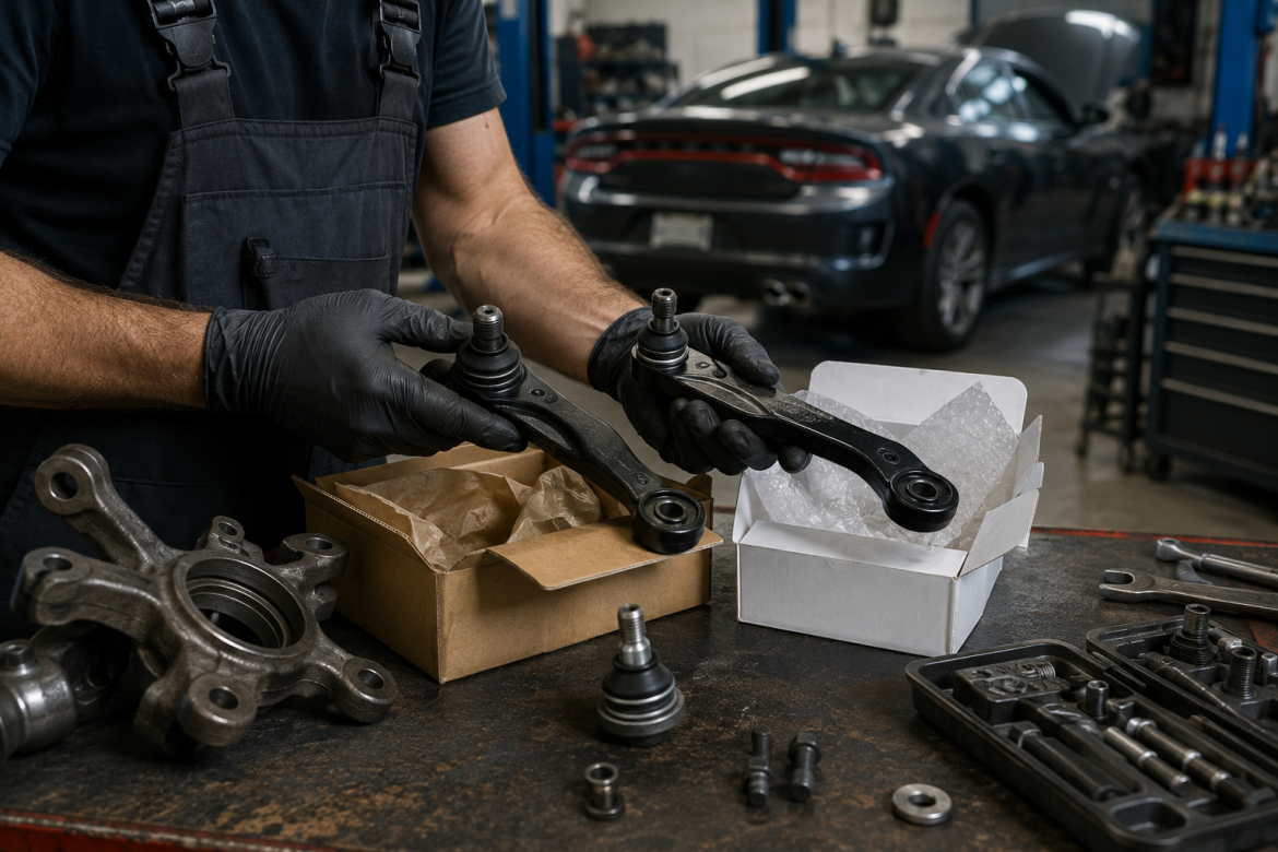 Автомеханік порівнює нові деталі підвіски для автомобіля Dodge в автосервісі